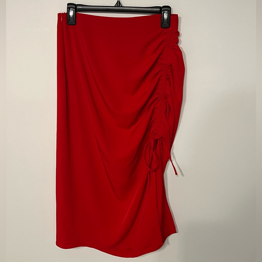 Zara Red Midi Pencil Skirt Ruched Cocktail
